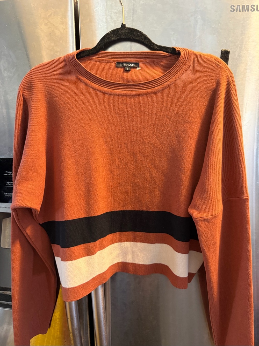 Papermoon Rust Orange Crewneck Sweater with Black and Cream Stripes